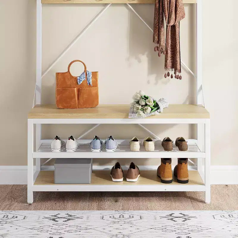 Banc à chaussures avec porte-manteau industriel, porte-manteau de 183 cm avec étagère de rangement, tringle de suspension et 8 crochets pour l'entrée