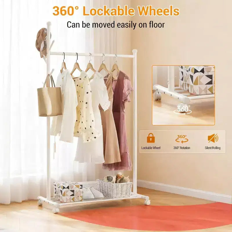 Portant à vêtements en métal avec roulettes, penderie mobile robuste sur pied, étagère de rangement inférieure et crochets, organisateur de garde-robe roulant pour chambre, placard