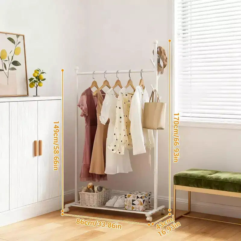 Portant à vêtements en métal avec roulettes, penderie mobile robuste sur pied, étagère de rangement inférieure et crochets, organisateur de garde-robe roulant pour chambre, placard