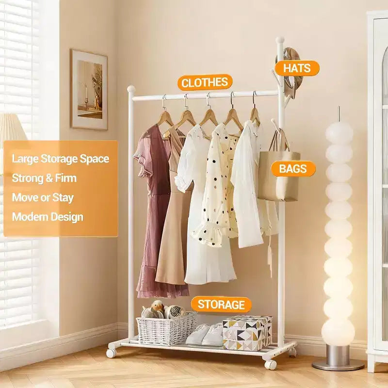 Portant à vêtements en métal avec roulettes, penderie mobile robuste sur pied, étagère de rangement inférieure et crochets, organisateur de garde-robe roulant pour chambre, placard
