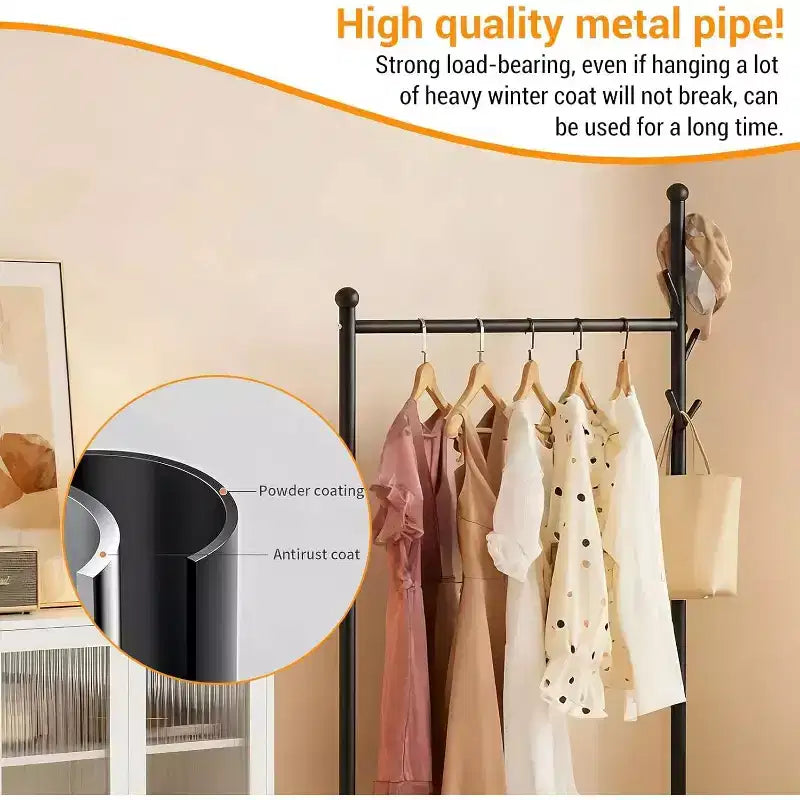 Portant à vêtements en métal avec roulettes, penderie mobile robuste sur pied, étagère de rangement inférieure et crochets, organisateur de garde-robe roulant pour chambre, placard