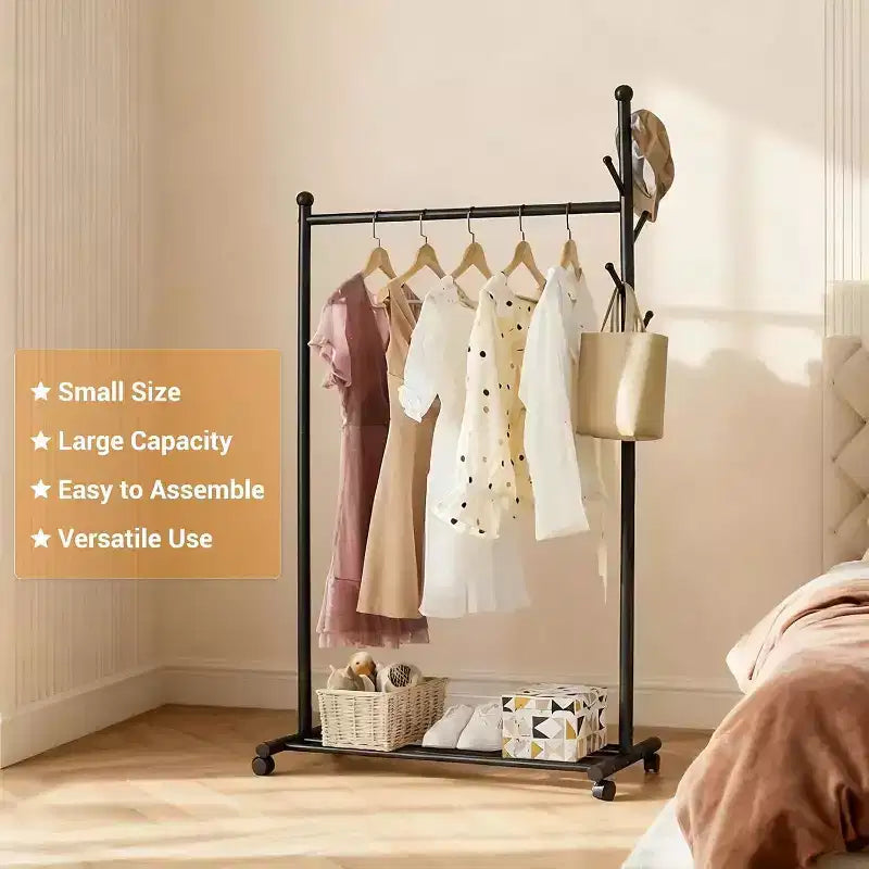 Portant à vêtements en métal avec roulettes, penderie mobile robuste sur pied, étagère de rangement inférieure et crochets, organisateur de garde-robe roulant pour chambre, placard