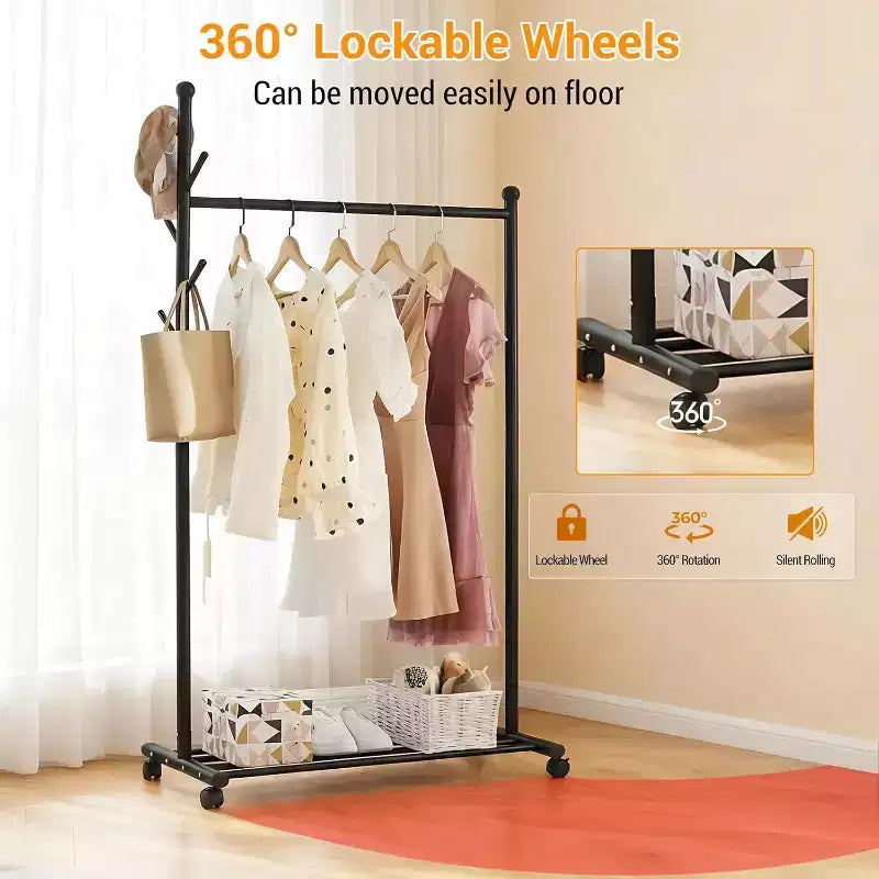 Portant à vêtements en métal avec roulettes, penderie mobile robuste sur pied, étagère de rangement inférieure et crochets, organisateur de garde-robe roulant pour chambre, placard
