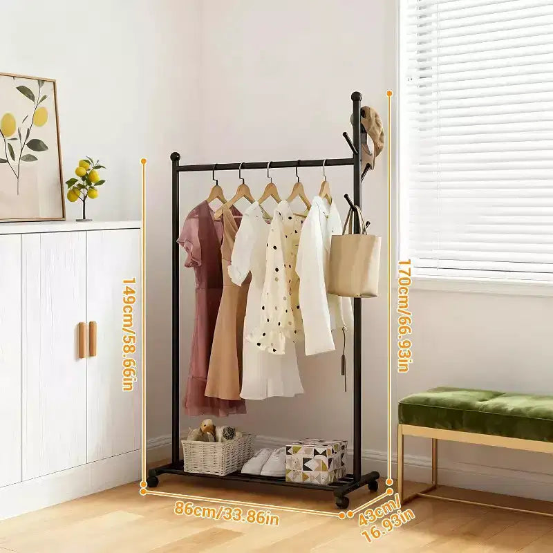 Portant à vêtements en métal avec roulettes, penderie mobile robuste sur pied, étagère de rangement inférieure et crochets, organisateur de garde-robe roulant pour chambre, placard