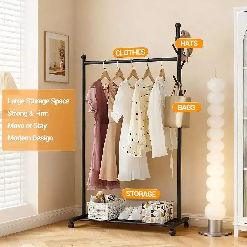 Portant à vêtements en métal avec roulettes, penderie mobile robuste sur pied, étagère de rangement inférieure et crochets, organisateur de garde-robe roulant pour chambre, placard