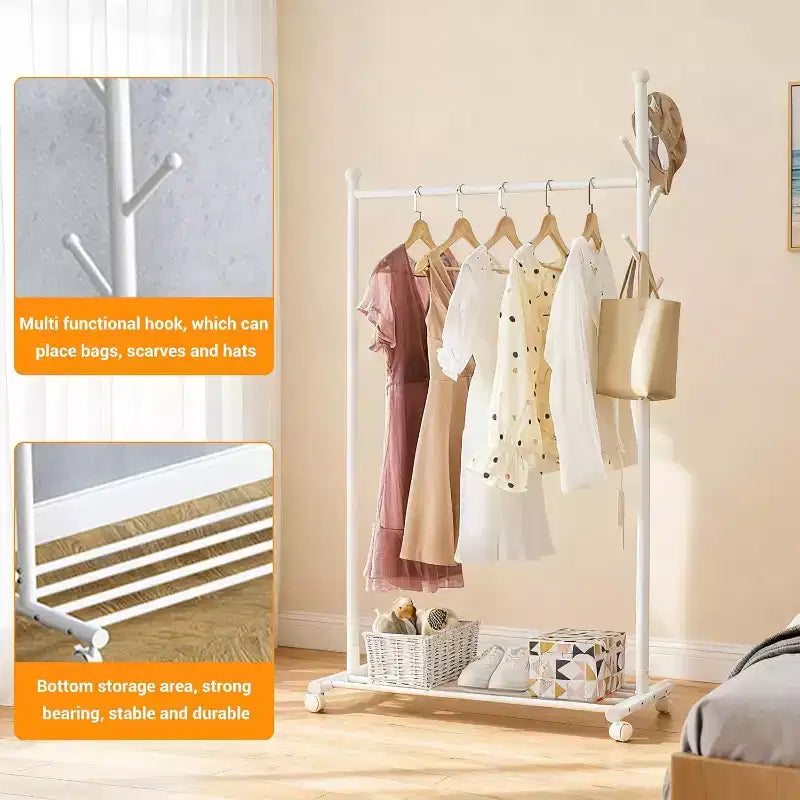 Portant à vêtements en métal avec roulettes, penderie mobile robuste sur pied, étagère de rangement inférieure et crochets, organisateur de garde-robe roulant pour chambre, placard