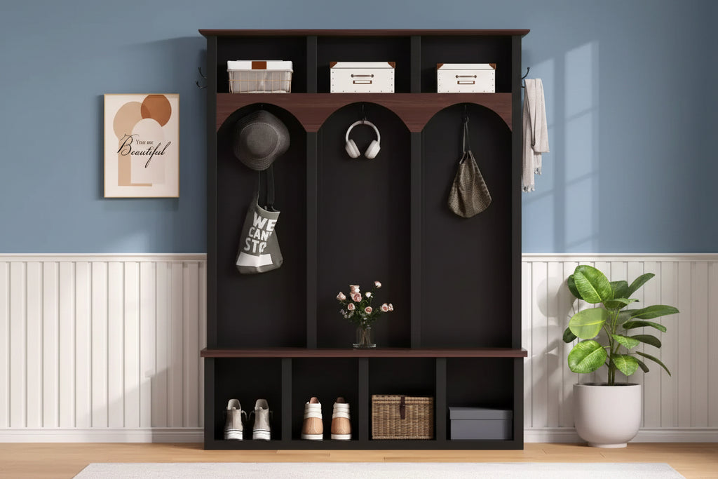 Clihome Banc de rangement en bois style ferme avec 5 crochets