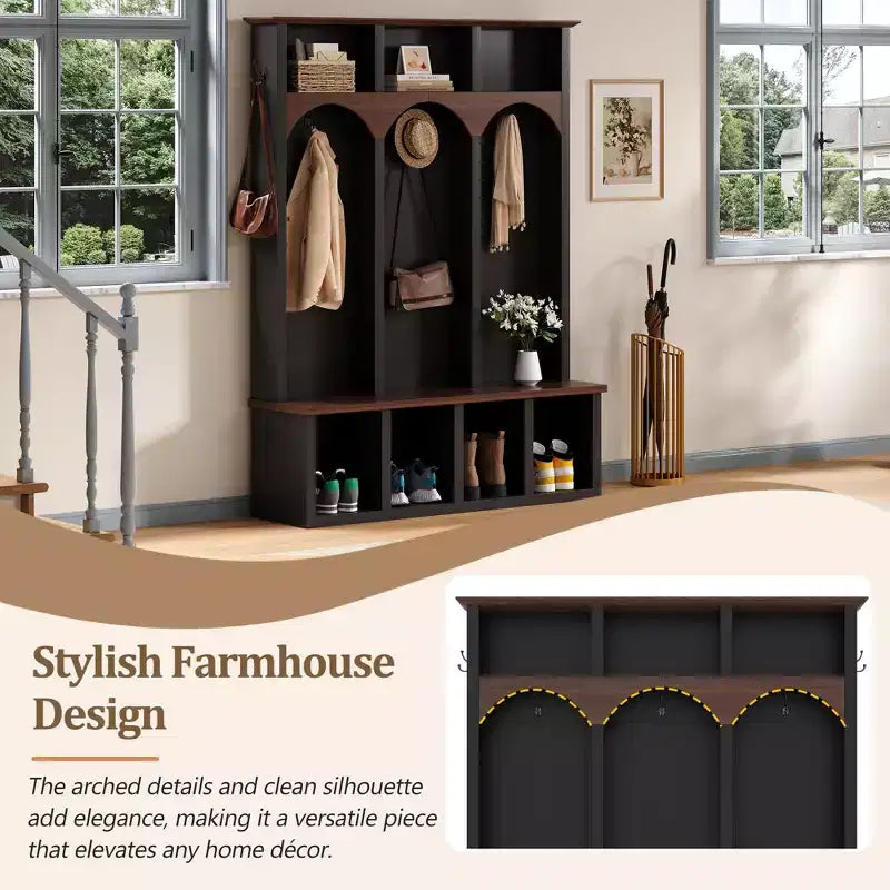 Clihome Banc de rangement en bois style ferme avec 5 crochets