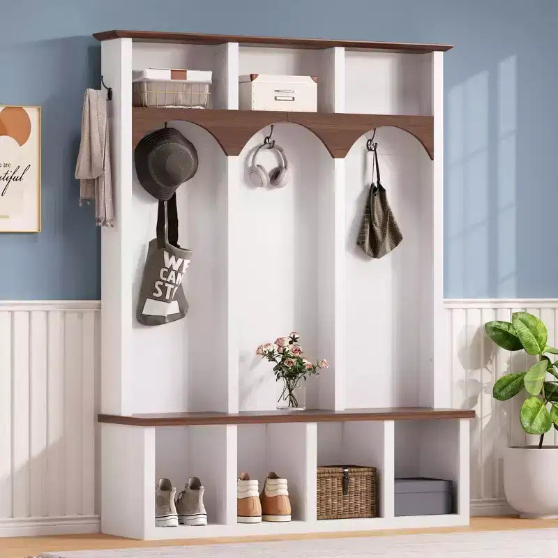 Clihome Banc de rangement en bois style ferme avec 5 crochets
