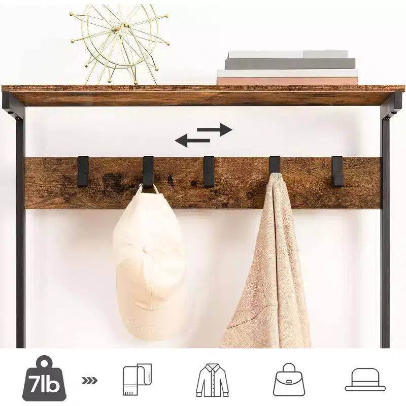 Porte-manteau ACOINEL avec banc, porte-manteau industriel et rangement à chaussures 5 niveaux, 5 crochets pouvant contenir 12 à 16 paires de chaussures pour entrée, couloir, vestibule