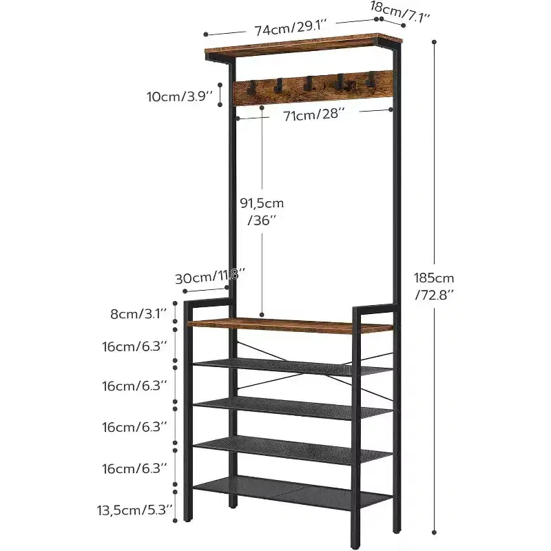 Porte-manteau ACOINEL avec banc, porte-manteau industriel et rangement à chaussures 5 niveaux, 5 crochets pouvant contenir 12 à 16 paires de chaussures pour entrée, couloir, vestibule