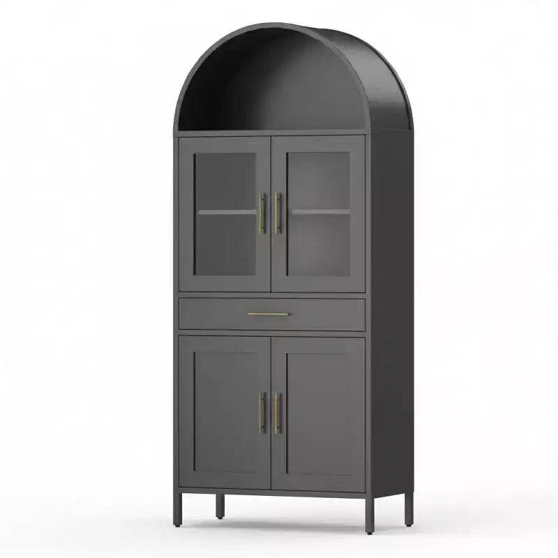 Arched Cabinet with Glass Doors, Metal Kitchen Pantry, Modern Display Bookcase for Living Room, Dining Room or Kitchen