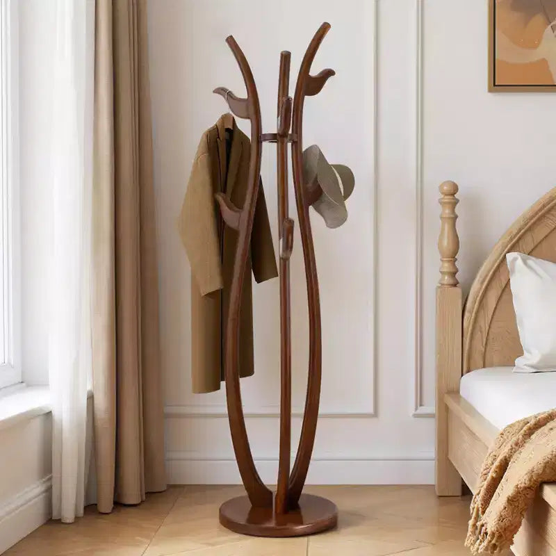 Porte-manteau autoportant créatif en forme de S, porte-manteau en bois massif avec 6 crochets et base ronde robuste, pour manteaux, chapeaux et sacs