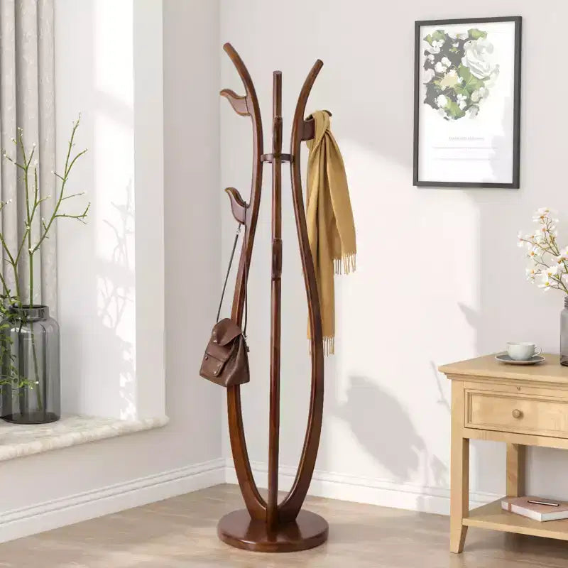 Porte-manteau autoportant créatif en forme de S, porte-manteau en bois massif avec 6 crochets et base ronde robuste, pour manteaux, chapeaux et sacs