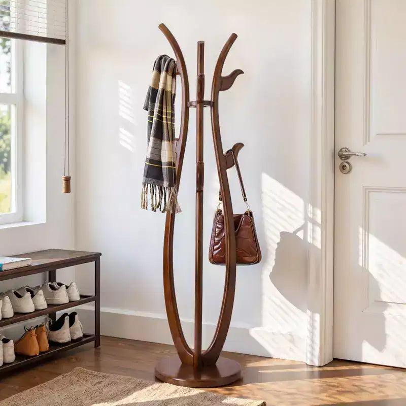 Porte-manteau autoportant créatif en forme de S, porte-manteau en bois massif avec 6 crochets et base ronde robuste, pour manteaux, chapeaux et sacs