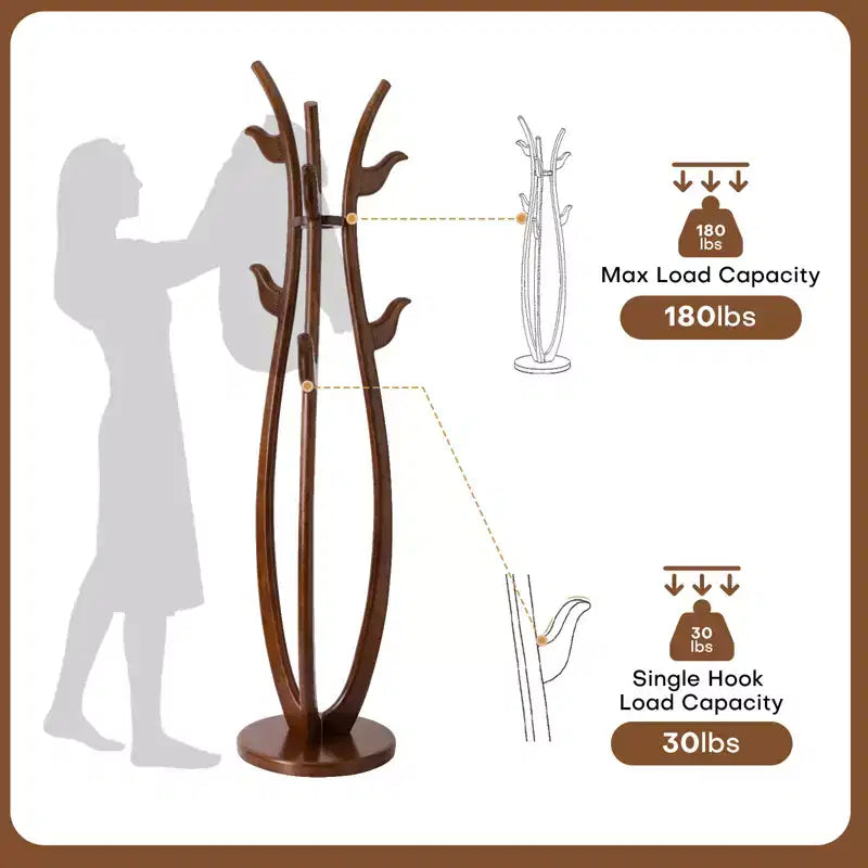Porte-manteau autoportant créatif en forme de S, porte-manteau en bois massif avec 6 crochets et base ronde robuste, pour manteaux, chapeaux et sacs