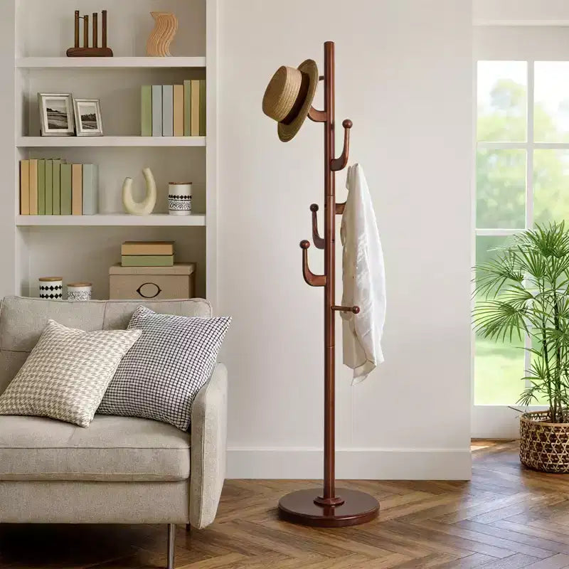 Porte-manteau sur pied Cactus, en bois massif, avec 7 patères et base ronde robuste, pour l'entrée, pour manteaux, chapeaux et sacs