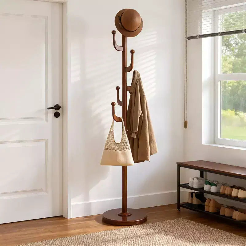 Porte-manteau sur pied Cactus, en bois massif, avec 7 patères et base ronde robuste, pour l'entrée, pour manteaux, chapeaux et sacs