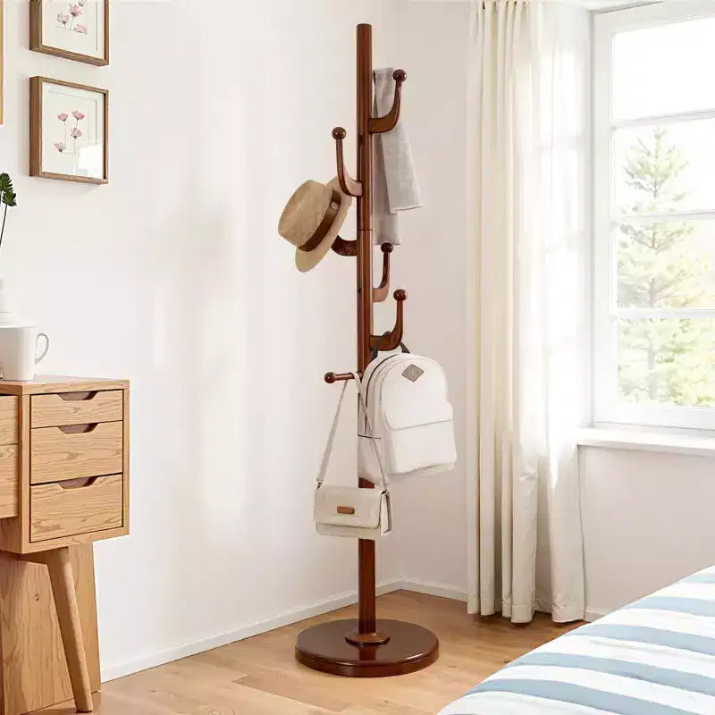 Porte-manteau sur pied Cactus, en bois massif, avec 7 patères et base ronde robuste, pour l'entrée, pour manteaux, chapeaux et sacs