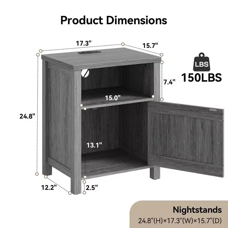 Table de chevet de rangement rustique avec port USB et prise de courant intégrés ; Comprend des étagères ouvertes et des armoires fermées, Table de chevet avec rangement