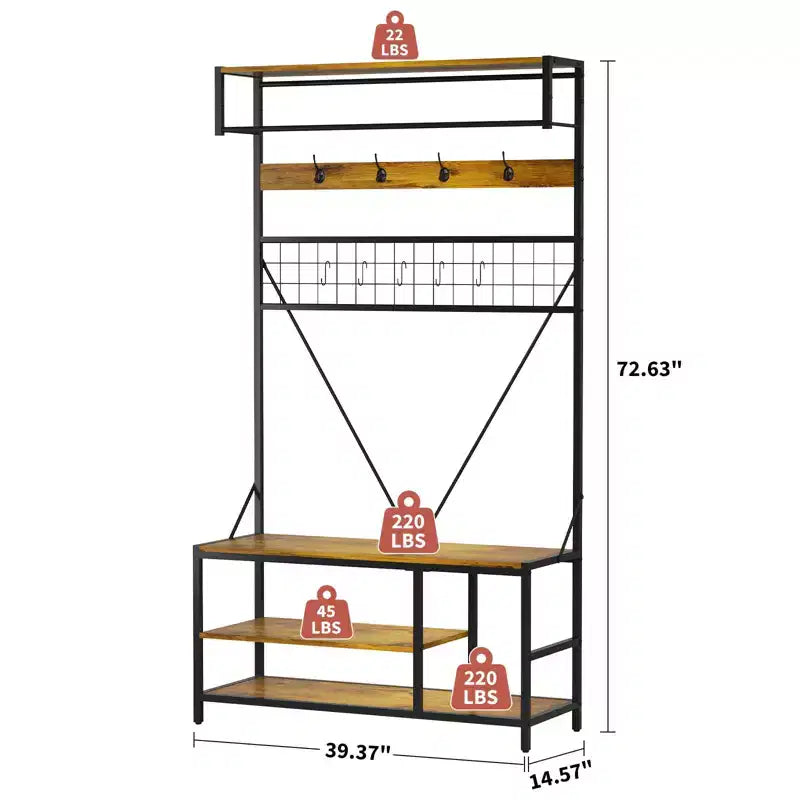 Arbre d'entrée 5-en-1 avec banc, porte-manteau, étagère à chaussures réglable, tringle à vêtements et 9 crochets, pour couloir, vestiaire et chambre à coucher