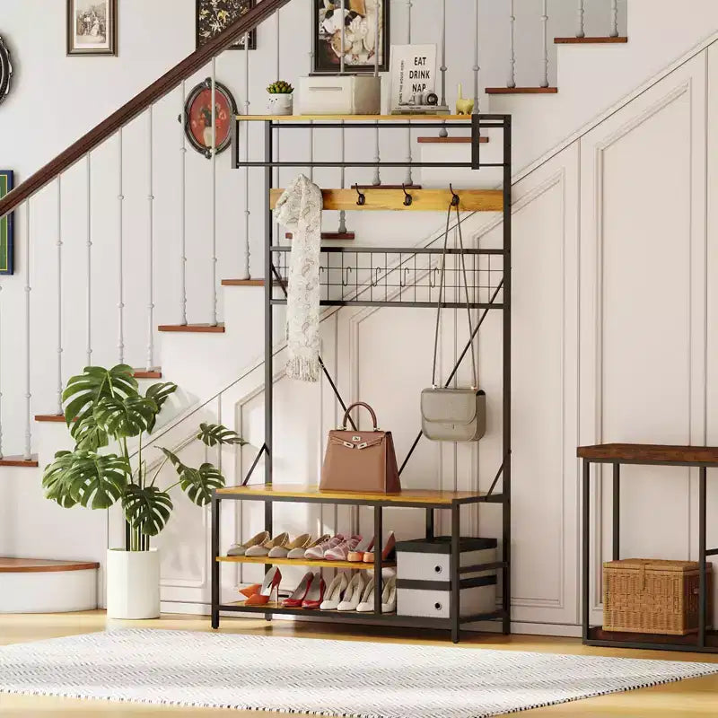Arbre d'entrée 5-en-1 avec banc, porte-manteau, étagère à chaussures réglable, tringle à vêtements et 9 crochets, pour couloir, vestiaire et chambre à coucher