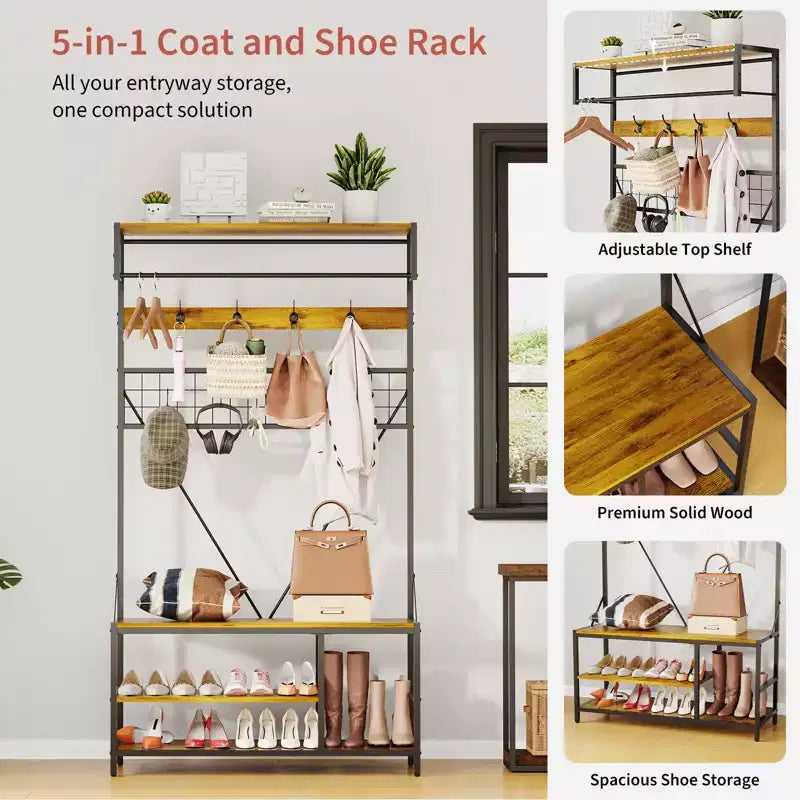 Arbre d'entrée 5-en-1 avec banc, porte-manteau, étagère à chaussures réglable, tringle à vêtements et 9 crochets, pour couloir, vestiaire et chambre à coucher