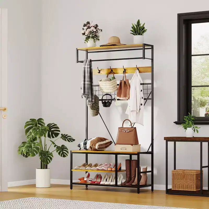 Arbre d'entrée 5-en-1 avec banc, porte-manteau, étagère à chaussures réglable, tringle à vêtements et 9 crochets, pour couloir, vestiaire et chambre à coucher