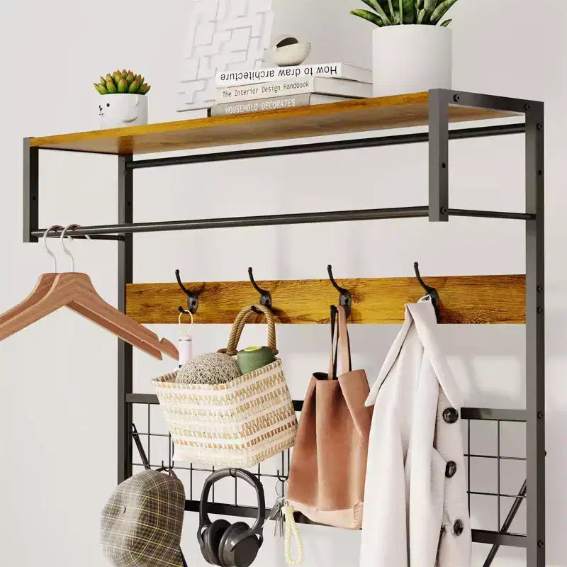 Arbre d'entrée 5-en-1 avec banc, porte-manteau, étagère à chaussures réglable, tringle à vêtements et 9 crochets, pour couloir, vestiaire et chambre à coucher