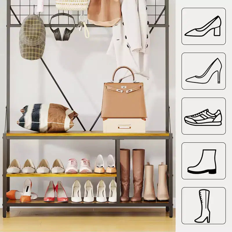 Arbre d'entrée 5-en-1 avec banc, porte-manteau, étagère à chaussures réglable, tringle à vêtements et 9 crochets, pour couloir, vestiaire et chambre à coucher