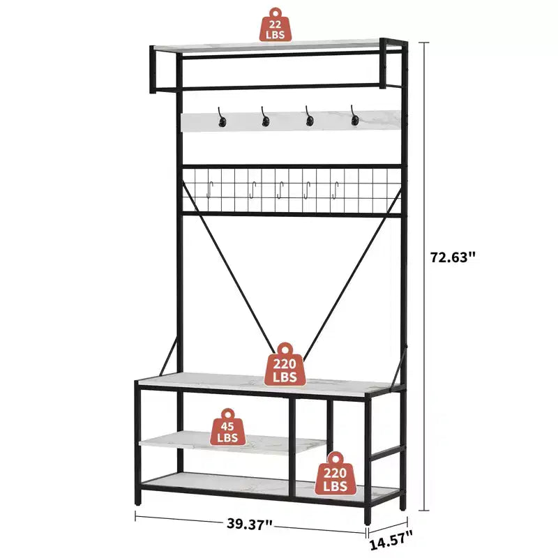 Arbre d'entrée 5-en-1 avec banc, porte-manteau, étagère à chaussures réglable, tringle à vêtements et 9 crochets, pour couloir, vestiaire et chambre à coucher