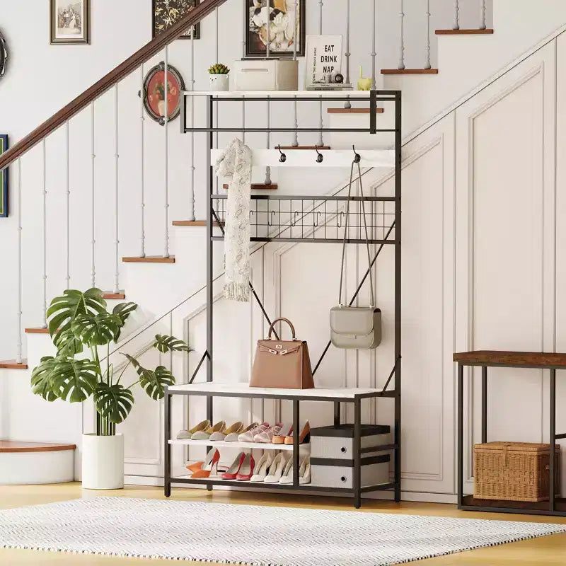 Arbre d'entrée 5-en-1 avec banc, porte-manteau, étagère à chaussures réglable, tringle à vêtements et 9 crochets, pour couloir, vestiaire et chambre à coucher