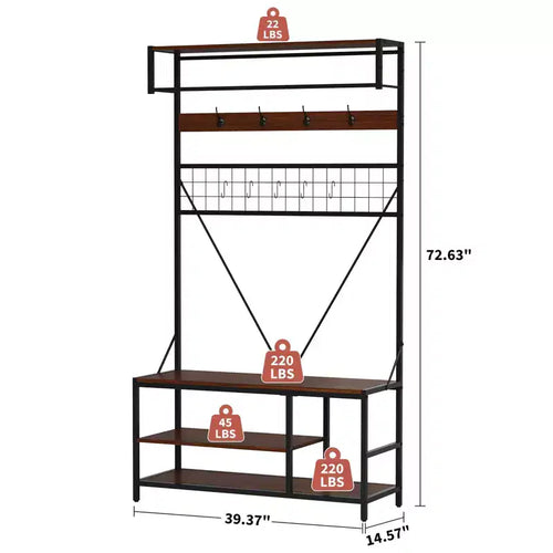 Arbre d'entrée 5-en-1 avec banc, porte-manteau, étagère à chaussures réglable, tringle à vêtements et 9 crochets, pour couloir, vestiaire et chambre à coucher