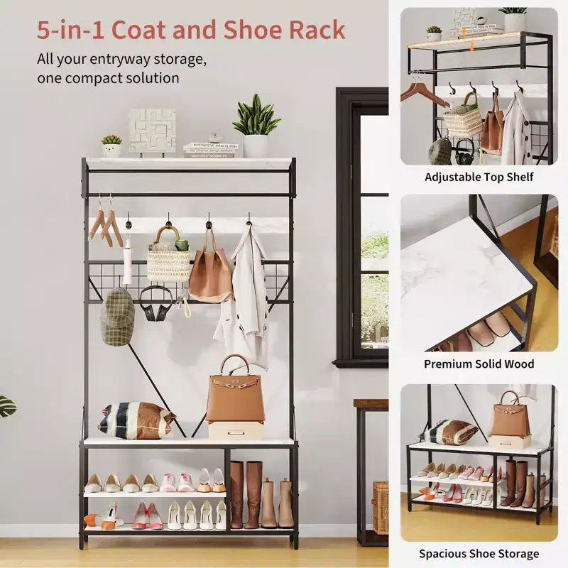 Arbre d'entrée 5-en-1 avec banc, porte-manteau, étagère à chaussures réglable, tringle à vêtements et 9 crochets, pour couloir, vestiaire et chambre à coucher