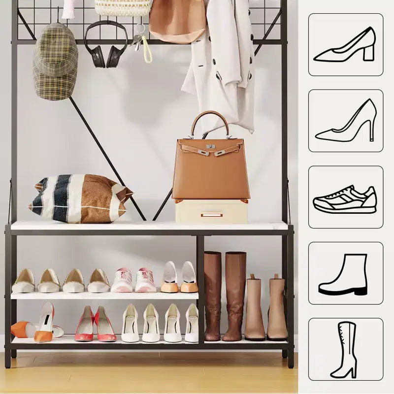 Arbre d'entrée 5-en-1 avec banc, porte-manteau, étagère à chaussures réglable, tringle à vêtements et 9 crochets, pour couloir, vestiaire et chambre à coucher