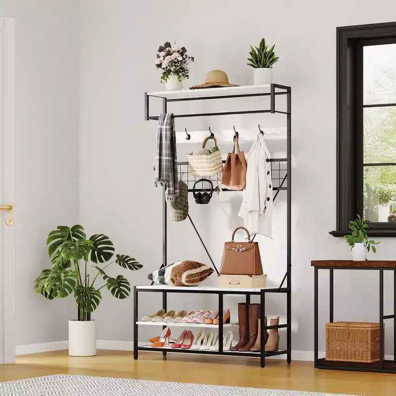 Arbre d'entrée 5-en-1 avec banc, porte-manteau, étagère à chaussures réglable, tringle à vêtements et 9 crochets, pour couloir, vestiaire et chambre à coucher