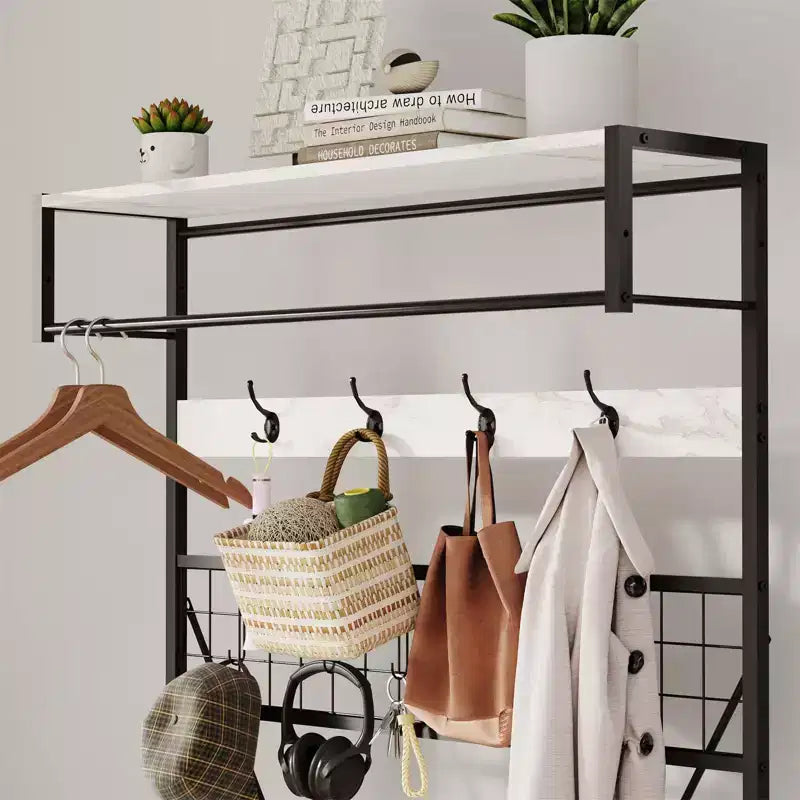 Arbre d'entrée 5-en-1 avec banc, porte-manteau, étagère à chaussures réglable, tringle à vêtements et 9 crochets, pour couloir, vestiaire et chambre à coucher