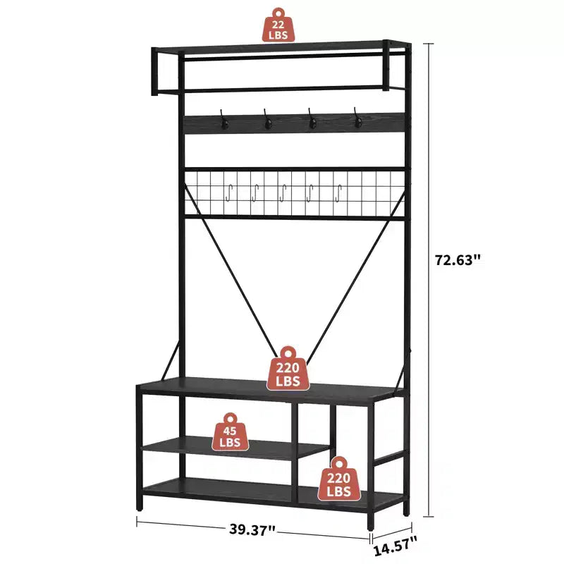 Arbre d'entrée 5-en-1 avec banc, porte-manteau, étagère à chaussures réglable, tringle à vêtements et 9 crochets, pour couloir, vestiaire et chambre à coucher