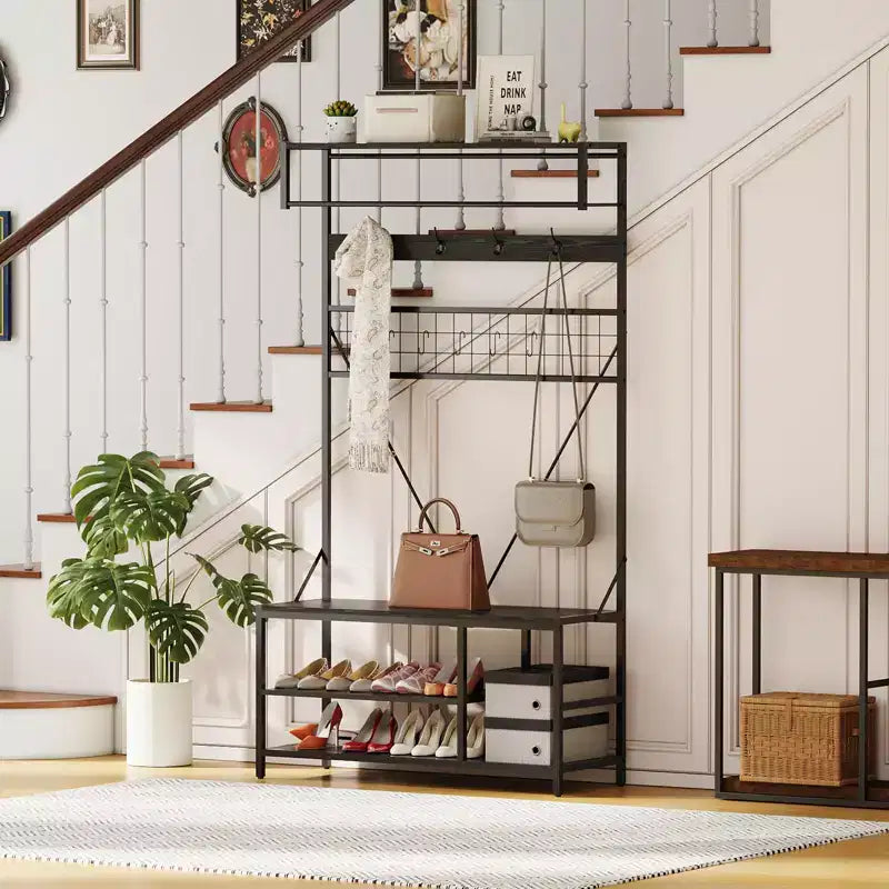 Arbre d'entrée 5-en-1 avec banc, porte-manteau, étagère à chaussures réglable, tringle à vêtements et 9 crochets, pour couloir, vestiaire et chambre à coucher