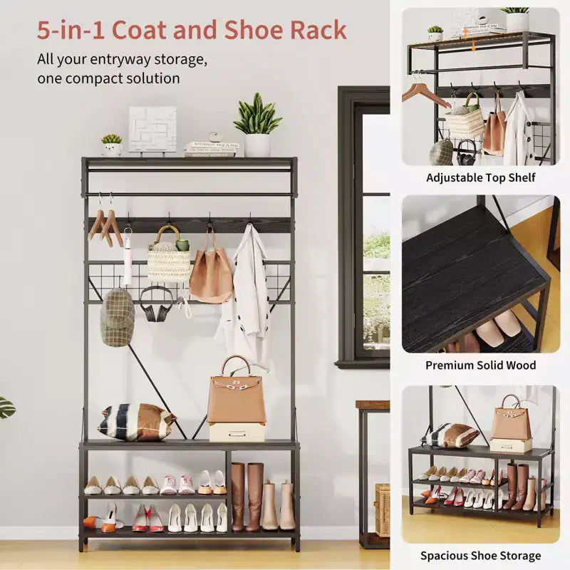Arbre d'entrée 5-en-1 avec banc, porte-manteau, étagère à chaussures réglable, tringle à vêtements et 9 crochets, pour couloir, vestiaire et chambre à coucher