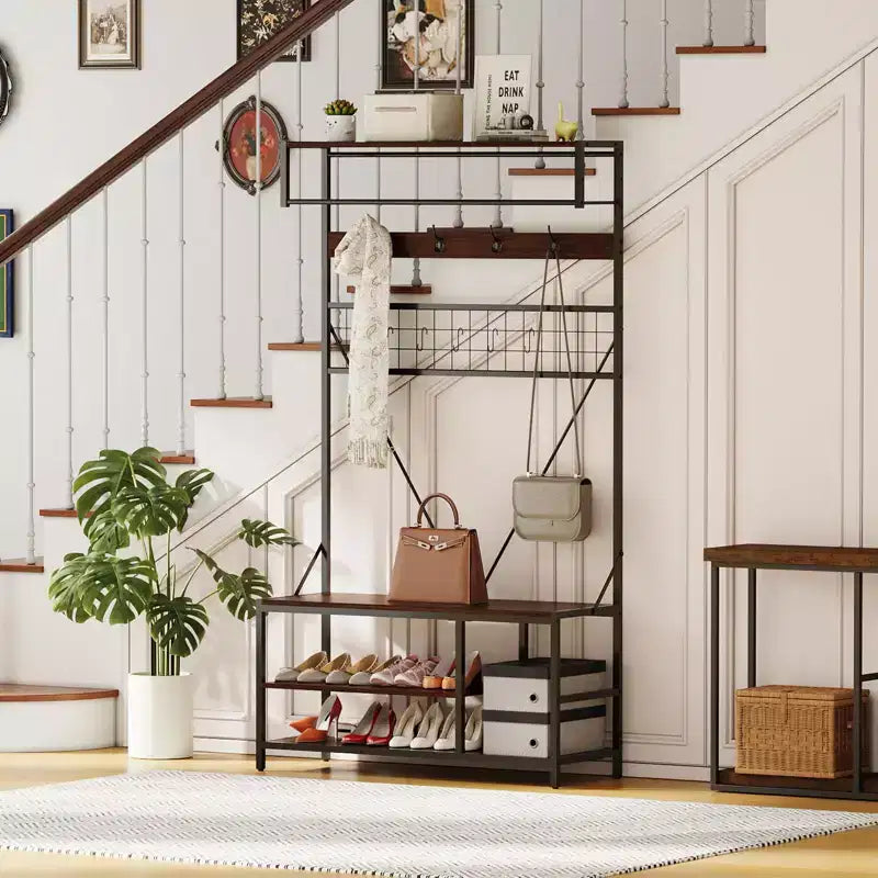 Arbre d'entrée 5-en-1 avec banc, porte-manteau, étagère à chaussures réglable, tringle à vêtements et 9 crochets, pour couloir, vestiaire et chambre à coucher