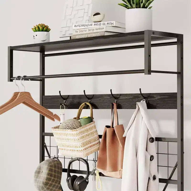 Arbre d'entrée 5-en-1 avec banc, porte-manteau, étagère à chaussures réglable, tringle à vêtements et 9 crochets, pour couloir, vestiaire et chambre à coucher