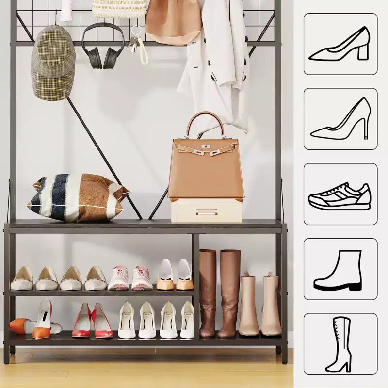 Arbre d'entrée 5-en-1 avec banc, porte-manteau, étagère à chaussures réglable, tringle à vêtements et 9 crochets, pour couloir, vestiaire et chambre à coucher