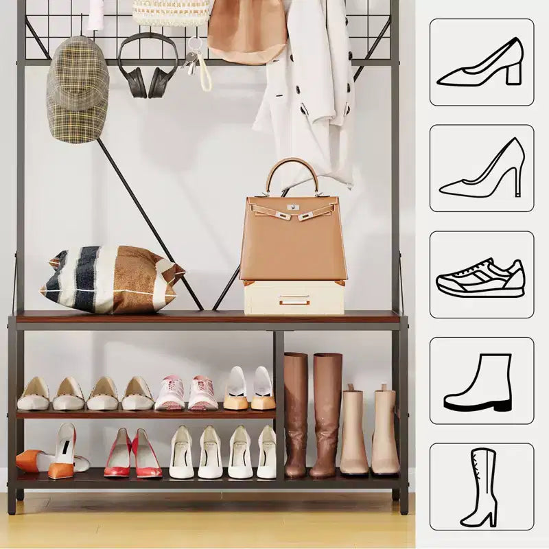 Arbre d'entrée 5-en-1 avec banc, porte-manteau, étagère à chaussures réglable, tringle à vêtements et 9 crochets, pour couloir, vestiaire et chambre à coucher