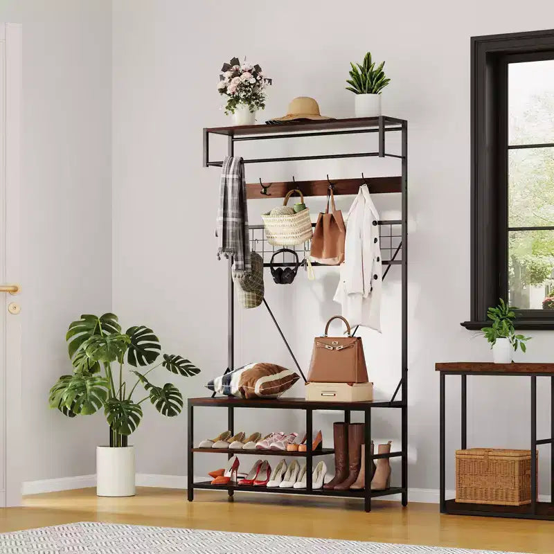Arbre d'entrée 5-en-1 avec banc, porte-manteau, étagère à chaussures réglable, tringle à vêtements et 9 crochets, pour couloir, vestiaire et chambre à coucher