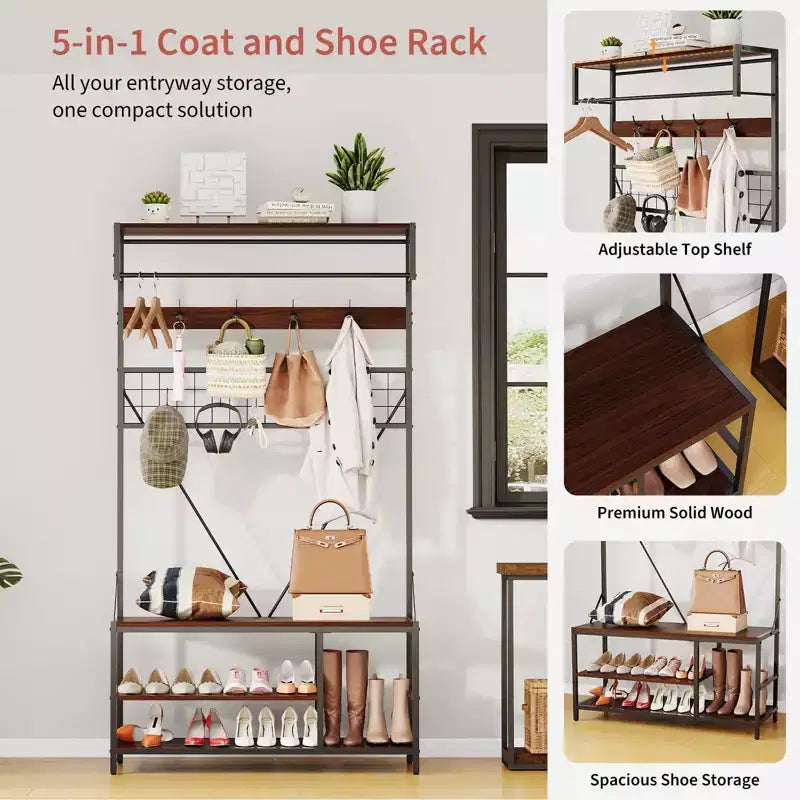 Arbre d'entrée 5-en-1 avec banc, porte-manteau, étagère à chaussures réglable, tringle à vêtements et 9 crochets, pour couloir, vestiaire et chambre à coucher