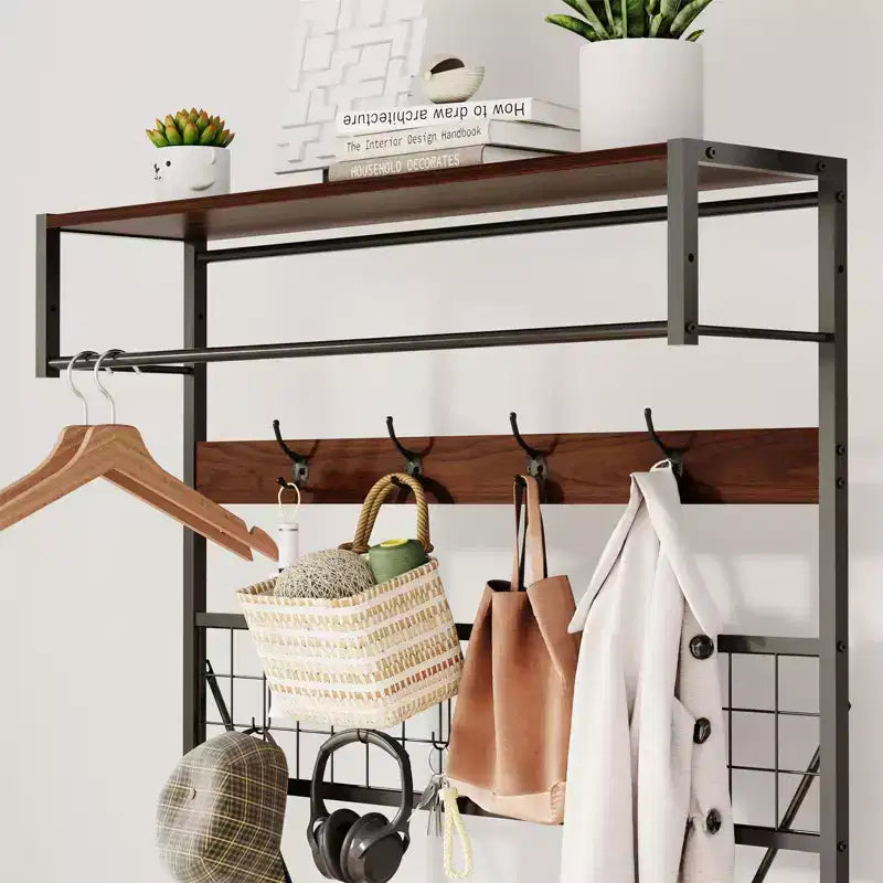 Arbre d'entrée 5-en-1 avec banc, porte-manteau, étagère à chaussures réglable, tringle à vêtements et 9 crochets, pour couloir, vestiaire et chambre à coucher