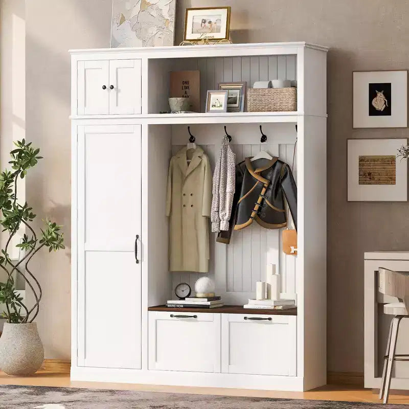 Arbre d'entrée 3-en-1 avec banc, porte-manteau avec meuble de rangement, tiroirs et crochets, organisateur d'entrée multifonctionnel - ModernLuxe