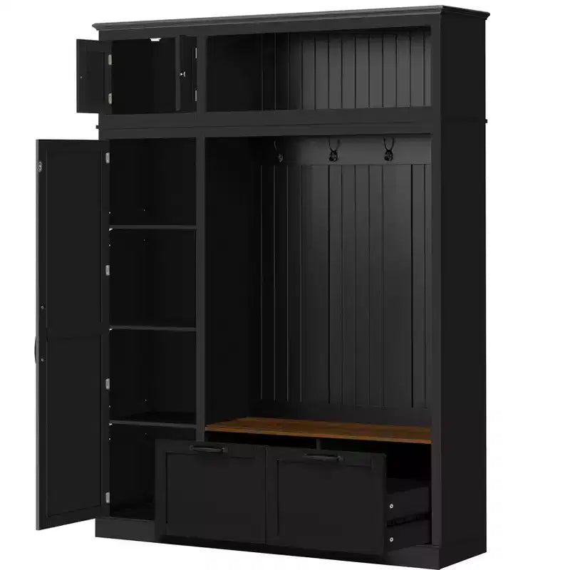 Arbre d'entrée 3-en-1 avec banc, porte-manteau avec meuble de rangement, tiroirs et crochets, organisateur d'entrée multifonctionnel - ModernLuxe