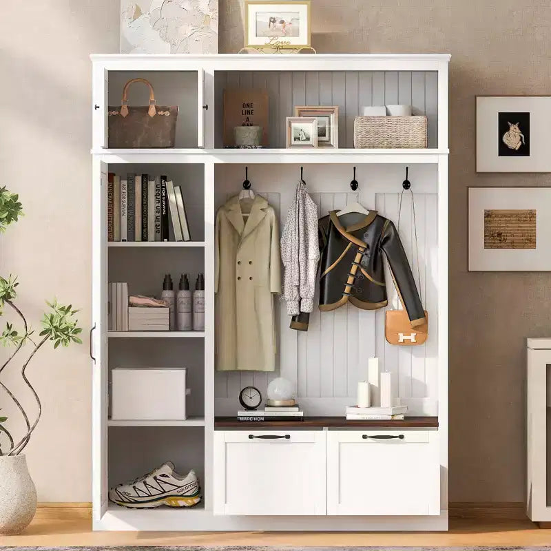 Arbre d'entrée 3-en-1 avec banc, porte-manteau avec meuble de rangement, tiroirs et crochets, organisateur d'entrée multifonctionnel - ModernLuxe